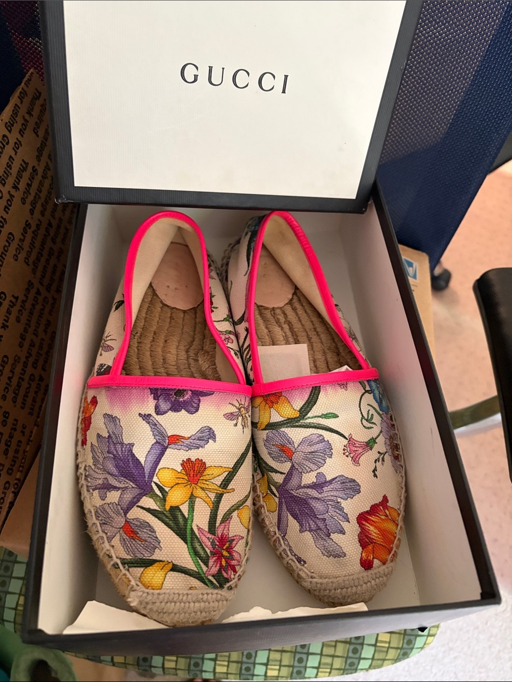 Gucci Floral Canvas Espadrilles with Hot Pink Trim - Picture 1 of 8